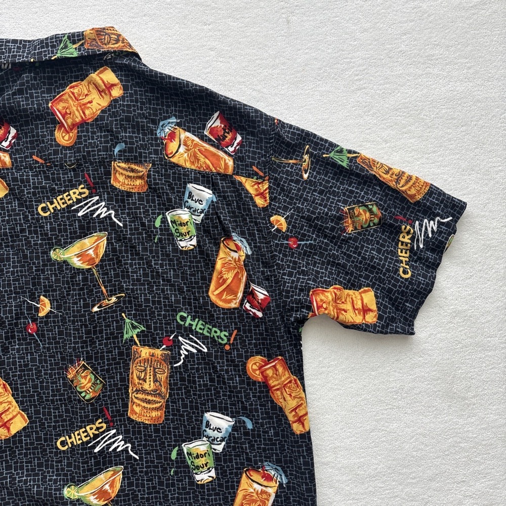 Utility Tiki Cocktail Shirt Mens Medium Black Rayon Short Sleeve Button Down - Picture 14 of 16